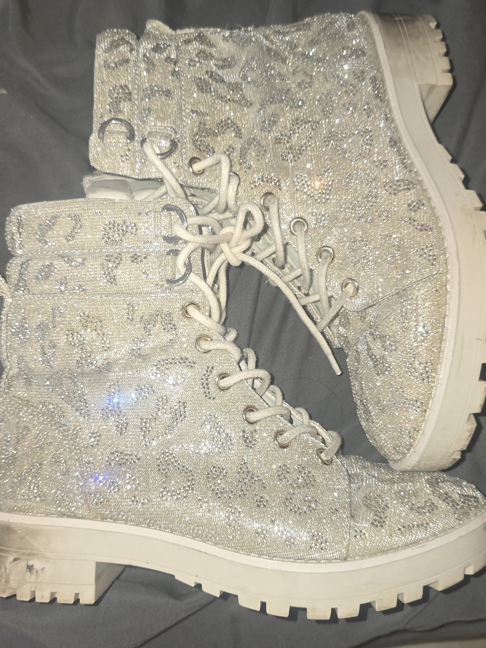 Gianni Bini Women's Cream Glitter Lace-Up Combat Boots - Picture 3 of 4